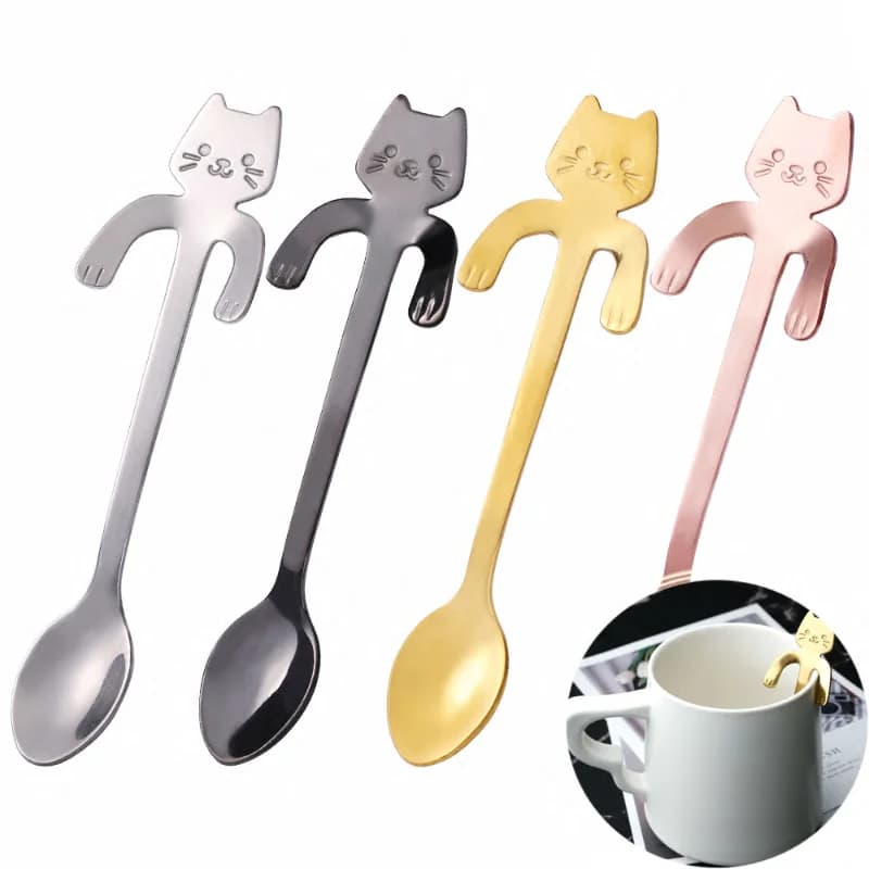 Mini Cute Cat Coffee Spoon Stainless Steel Teaspoon Dessert Snack Scoop Ice Cream Milk Children Spoons Tableware Kitchen Tools