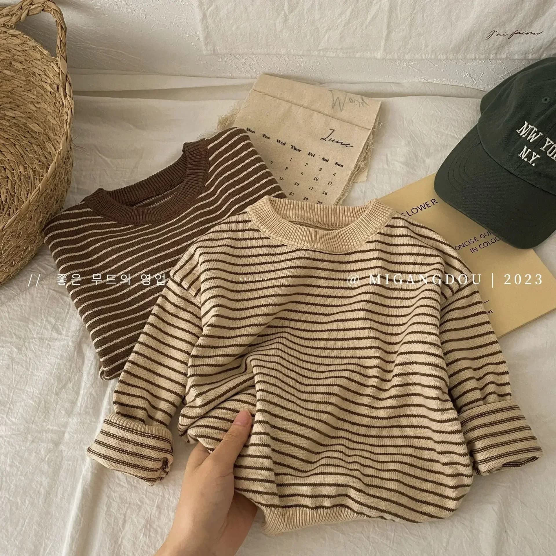 Childrens Clothing 2024 Autumn Winter New Striped Knitted Sweater Loose Top Versatile Trend Baby Girl Clothes