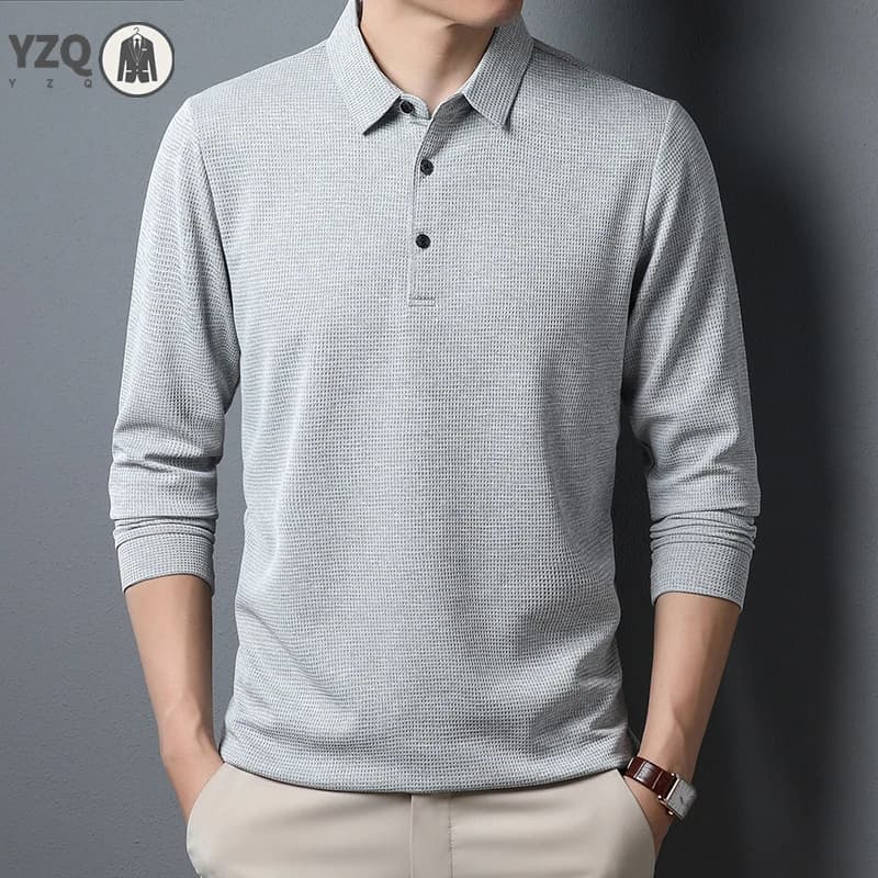 Men's Business Casual Polo Long Sleeve T-shirt Summer Comfortable  Solid Cotton Top