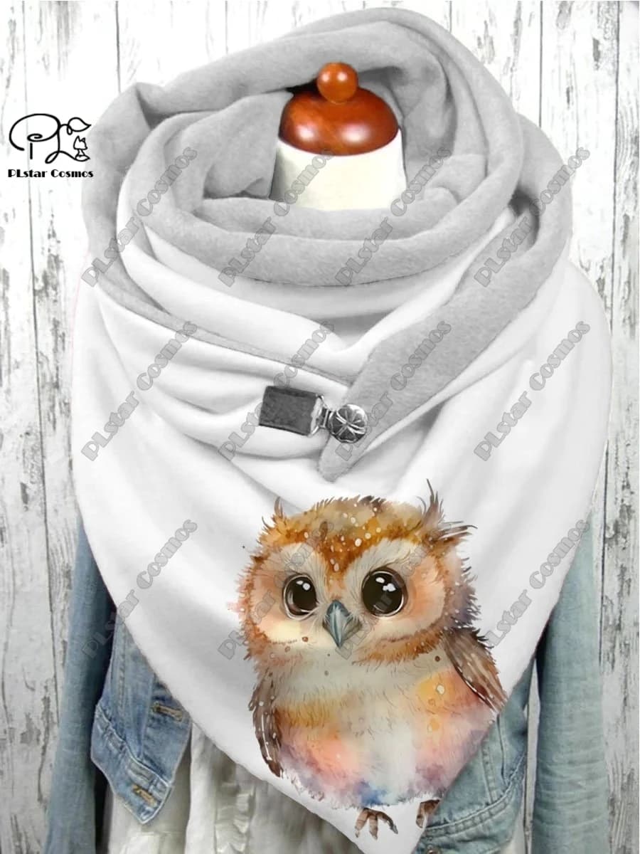 PLstar Cosmos 3D printed animal series cute owl pattern printed warm shawl scarf spring and winter large triangle scarf M-1