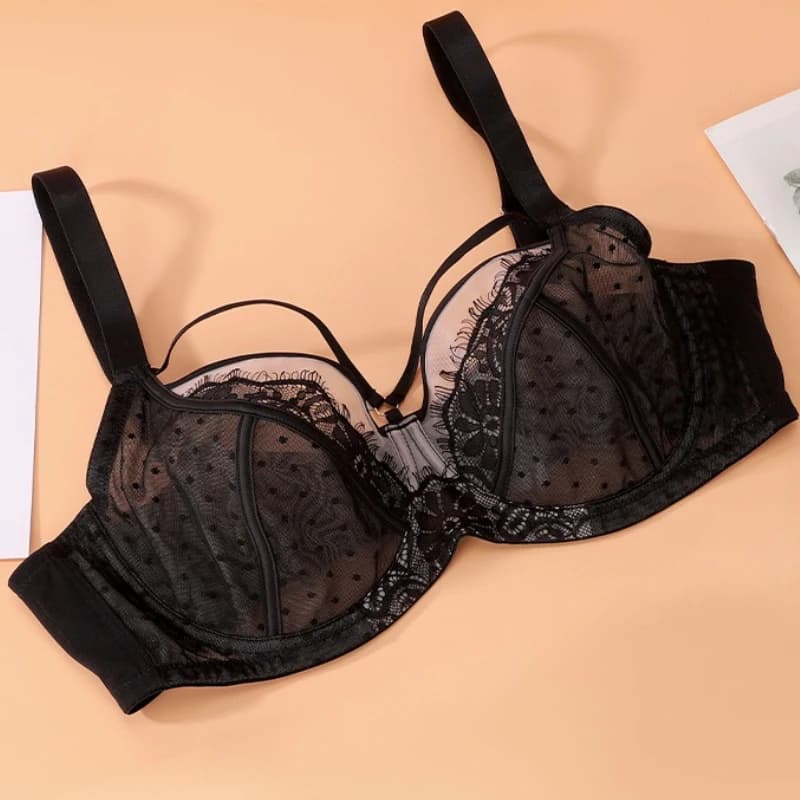 Lace Plus Size Bra Thin Mesh Embroidery Full Cup Gathering Top Support Slim Fit Underwear