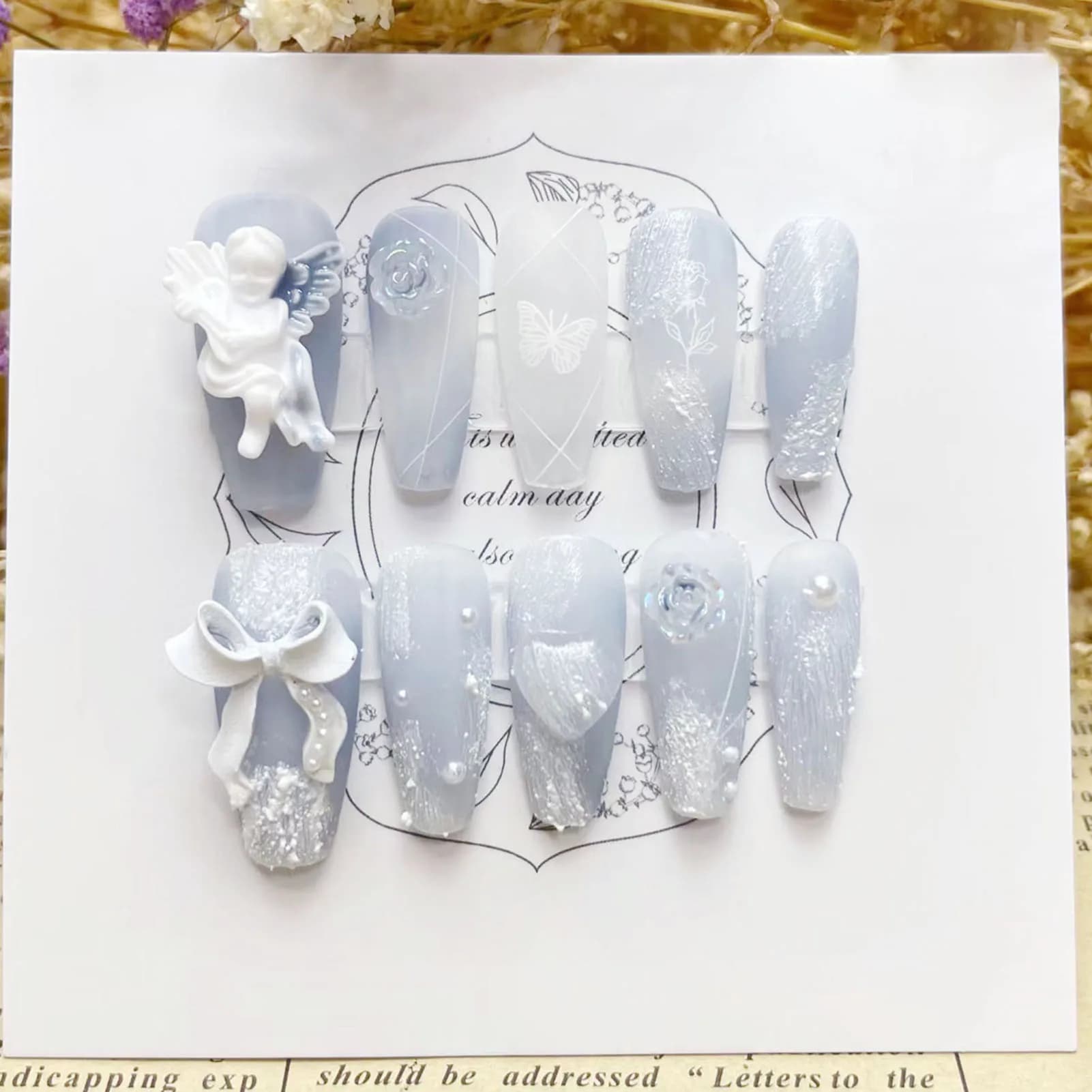 3D Plaster Angel False Nails Glossy Haze Blue Handmade Press On Nails with Bowknot Flower Designs Romantic Reusable Manicure