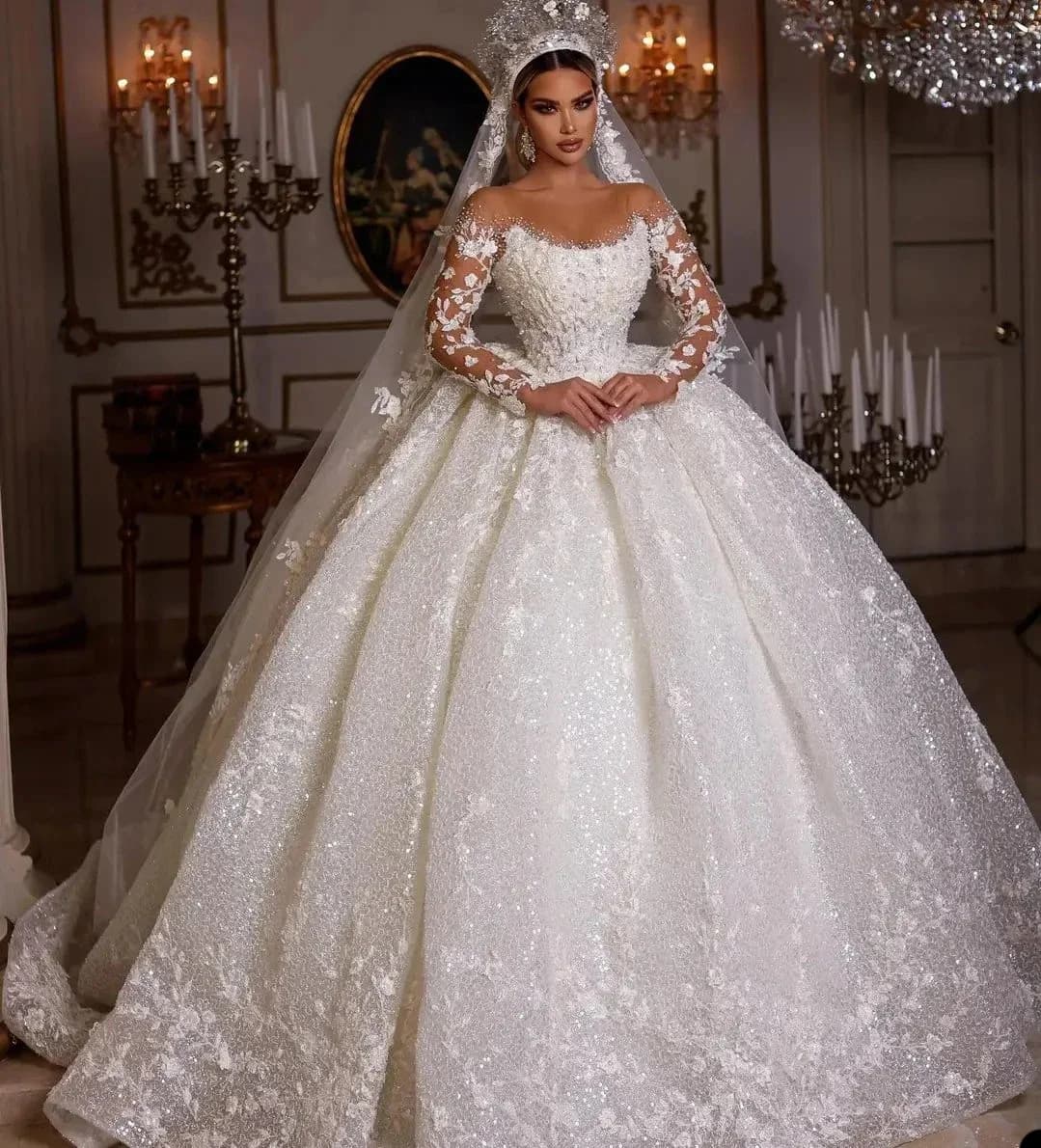Customized Luxury Wedding Dresses Long Sleeves Sequins Beads Sheer Neck Appliques Glitter Tulle Bride Gowns Vestido 2025