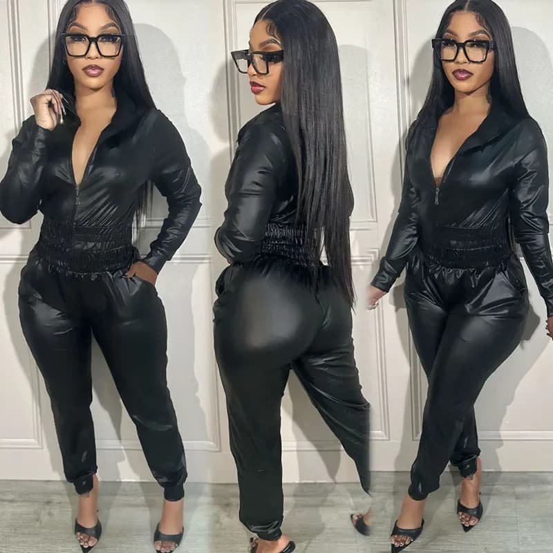 PU Faux Leather Two Piece Set for Women Matching Sets Long Sleeve Zipper Hooded Jacket Top and Pants Streetwear Tracksuit Outfit