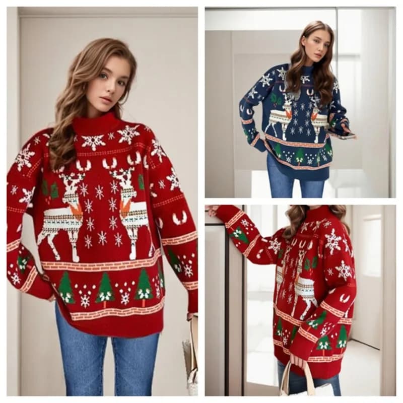Christmas Sweater 2024 New Autumn And Winter Double Elk Christmas Sweater Loose And Versatile Casual Pullover Sweater