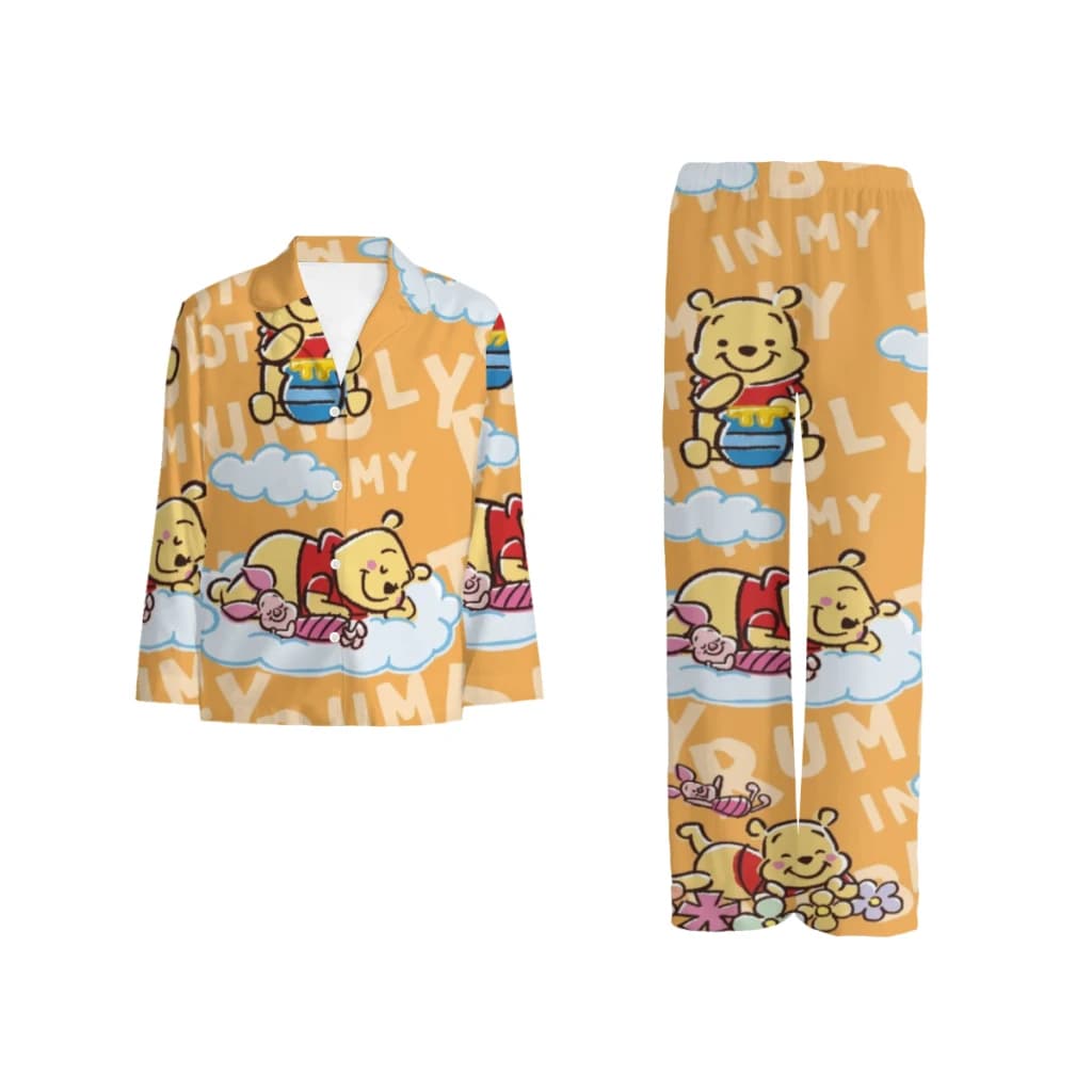 Disney Winnie The Pooh long-sleeved cotton pajamas set for men and women with strawberry doll print.