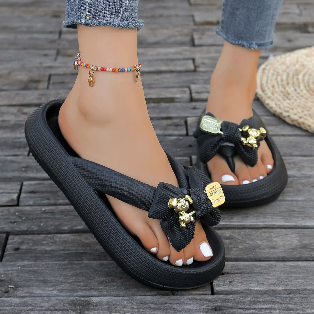 Summer Women Multi-Color Flip Flops Fashion Metallic Teddy Bear Bow Slide Sandal Beach Vacation Home shower Versatile Footwear