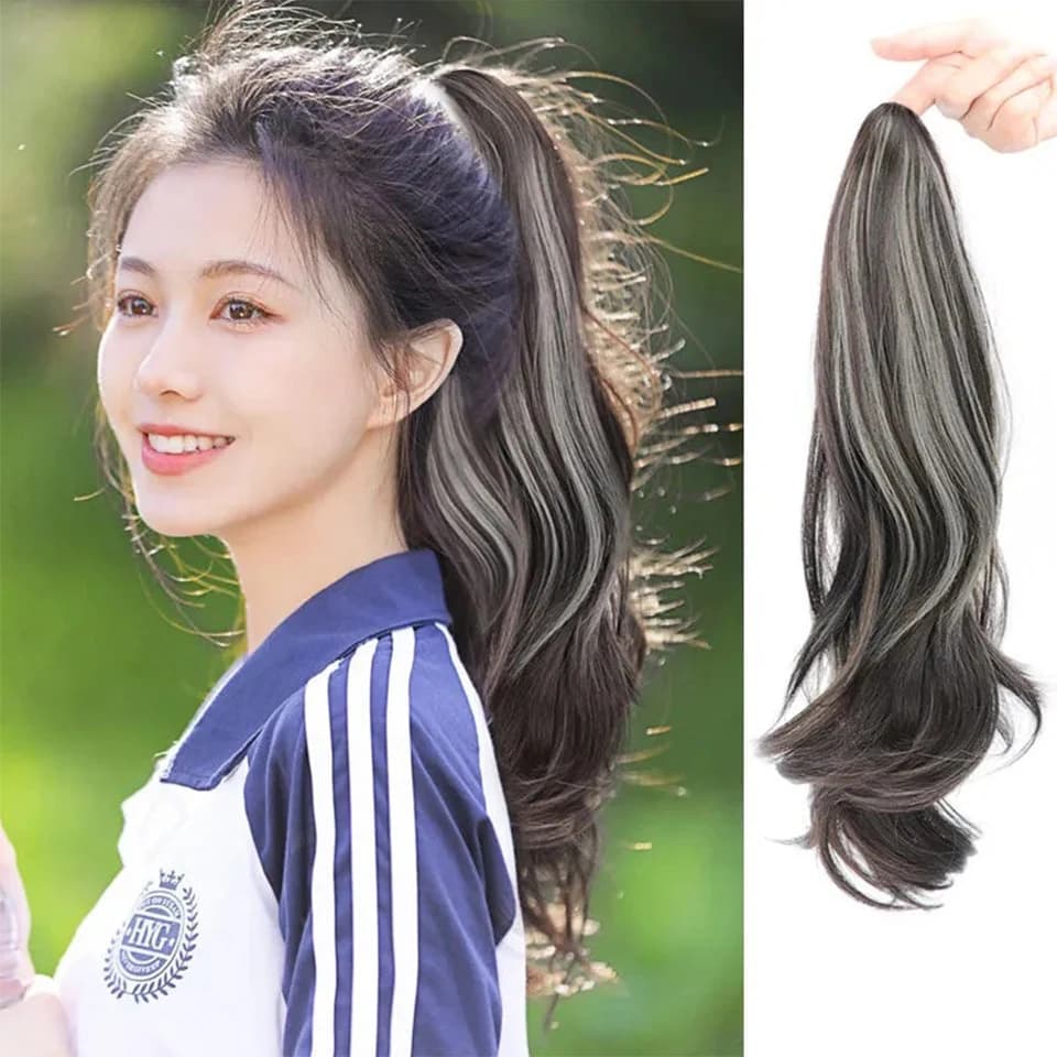 EAST Ponytail Brown-black Highlighted White Tea Black Long Wavy Curly Ponytail Suitable For Ladies Daily Wear Fashionable Wig