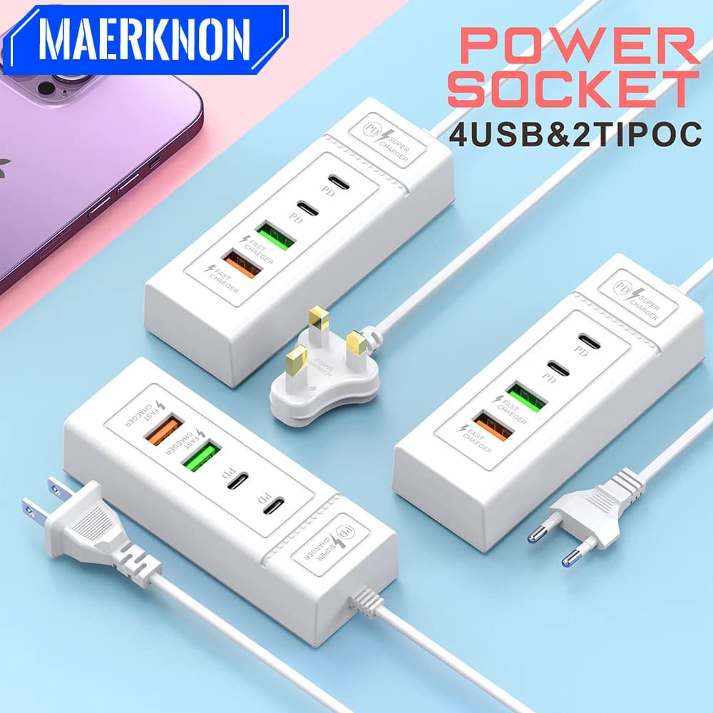Multi Ports USB C Charger Power Strip PD Type C Fast Charging Wall Charger Socket Quick Charge 3.0 EU/US/UK Plug Power Adapter