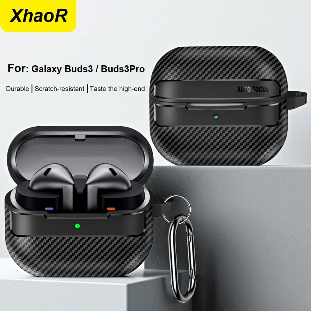 New Carbon Fiber Earphone Protective Cover For Samsung Galaxy Buds 3 / Buds 3 Pro Cover With Keychain Accessories Shockproof Bag