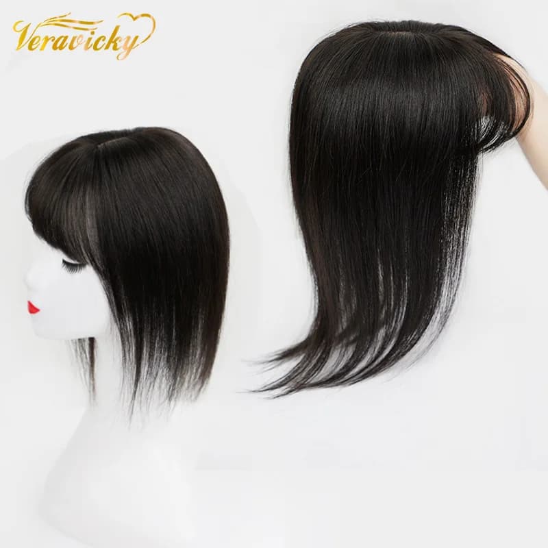 13*13 CM Topper Hair Piece With Bangs 100% Real Remy Human Hair Topper For Women With Thin Hair Natural Skin Base With Weft