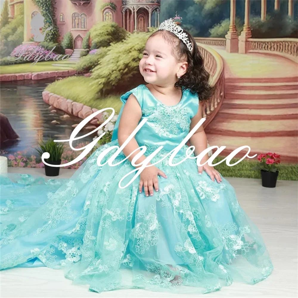 Classic Lace Applique Formal Wedding Party Flower Girl Dress Sweep Train Luxury Elegant Bow Baby Christmas Gown New 2024