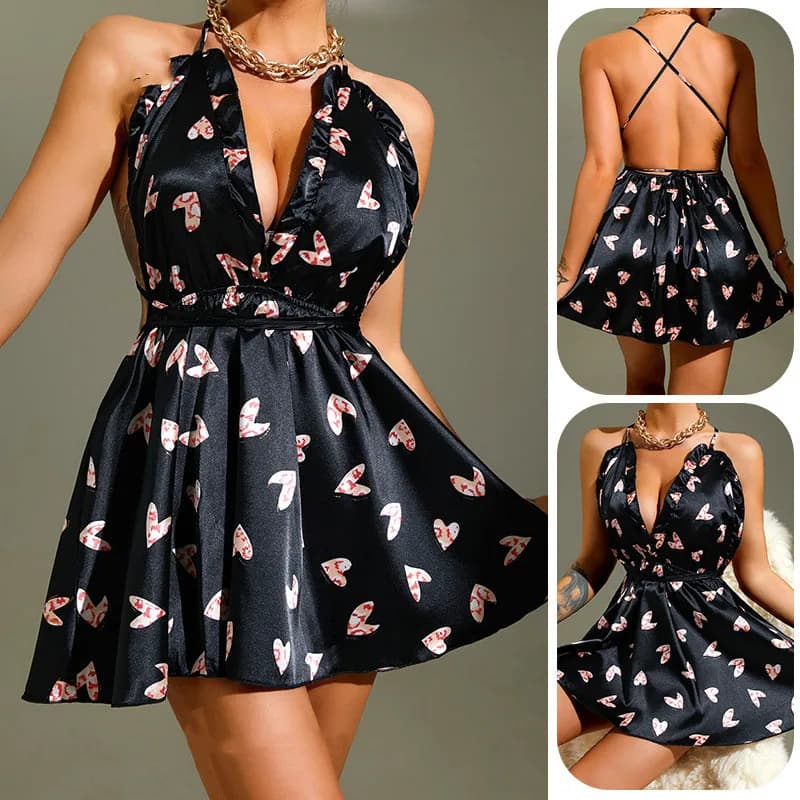 Black Strap Printed Satin Nightgown Womens Sleeveless Sleepdress Summer Sexy Backless Sleepwear Nighty Dress