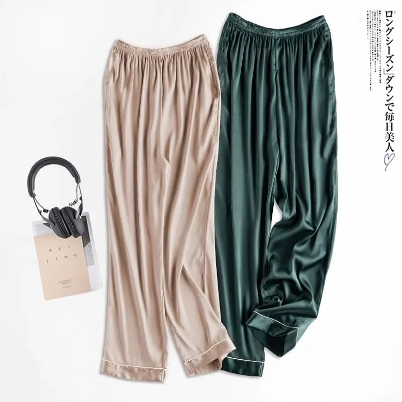 Spring Summer Satin Sleep Wear Women Pajama Solid Loose Sleeping Bottoms Ice Silk Pant Female Calf-Length Pants Lounge Home Wear