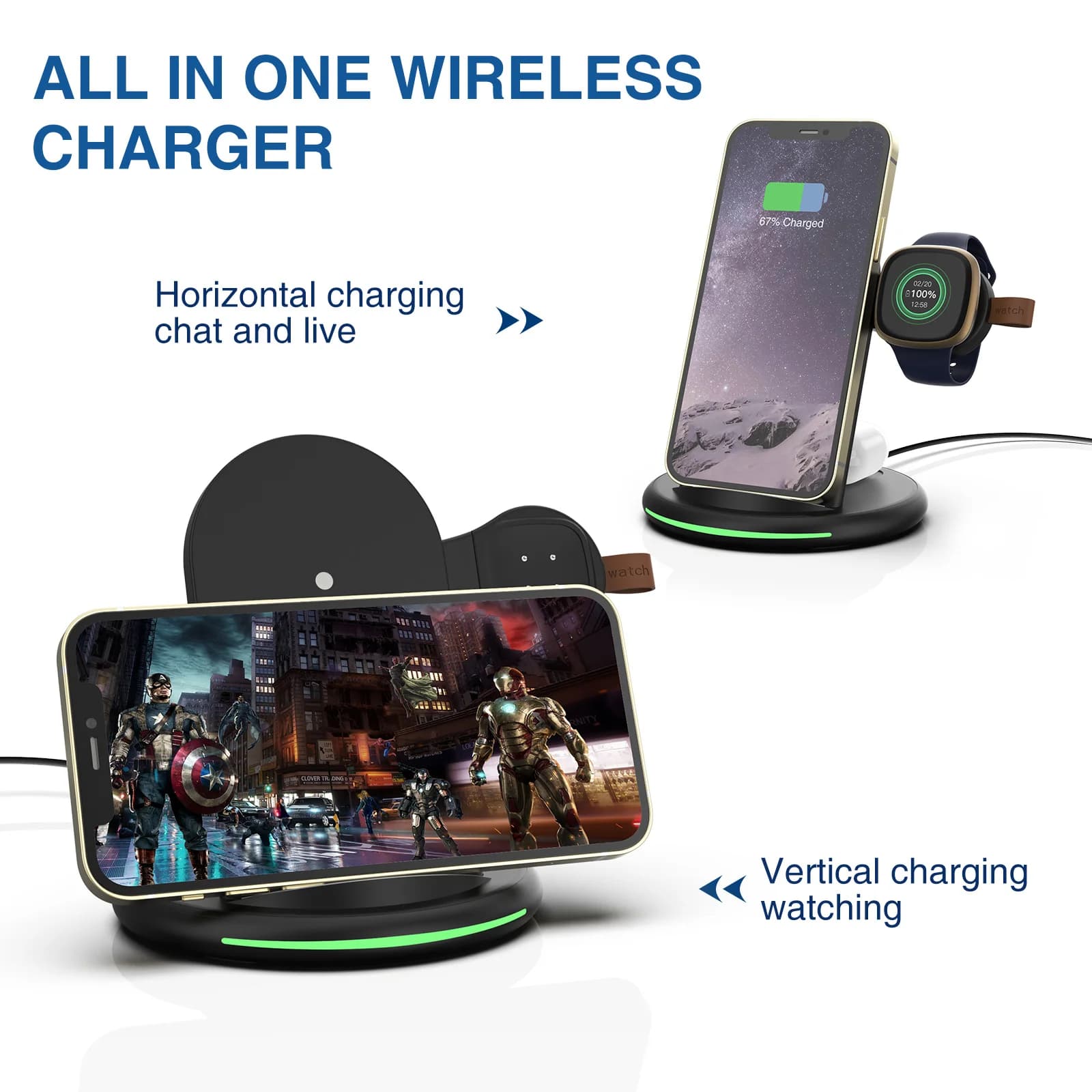For all mobile phones supporting wireless charging and for Fitbit versa 3 for Fitbit sense smart watch three in one charger