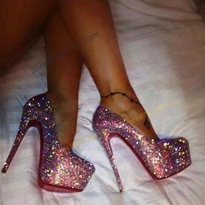 Pink Color Glitter Platform Pumps Shallow Round Toe Stiletto High Heel Slip on Women Shoes 2023 Fashion Sexy Zapatos Para Mujere