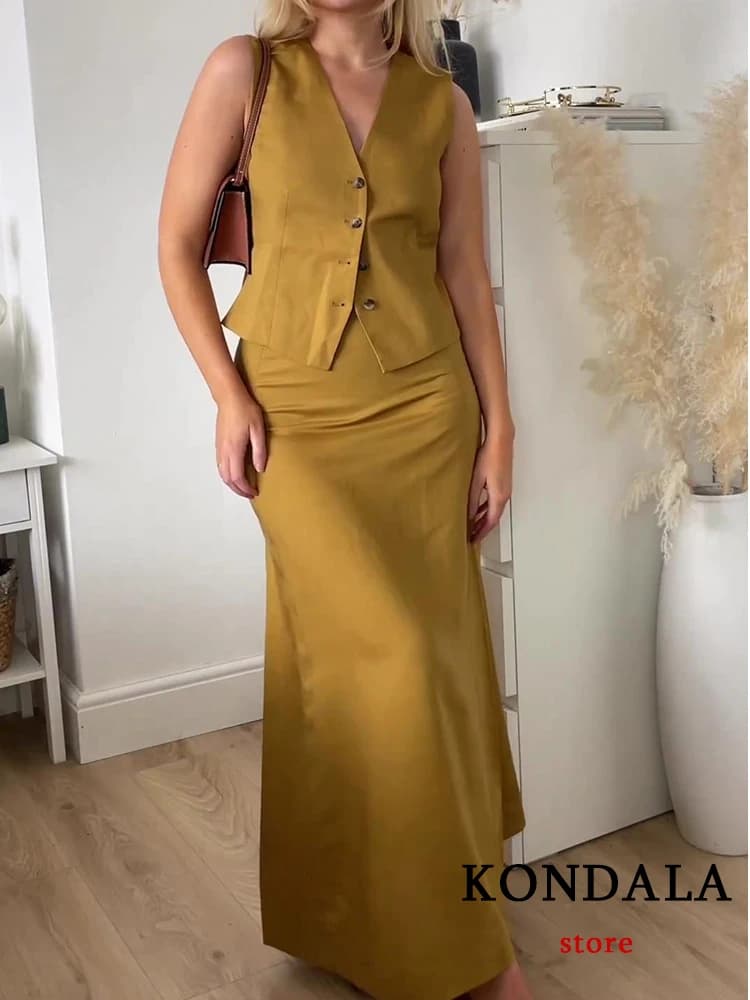 KONDALA Chic Solid Yellow Streetwear Women Suit Fashion 2023 Summer ELegant Casual Slim Button Vest Top Zip A Line Long Skirt