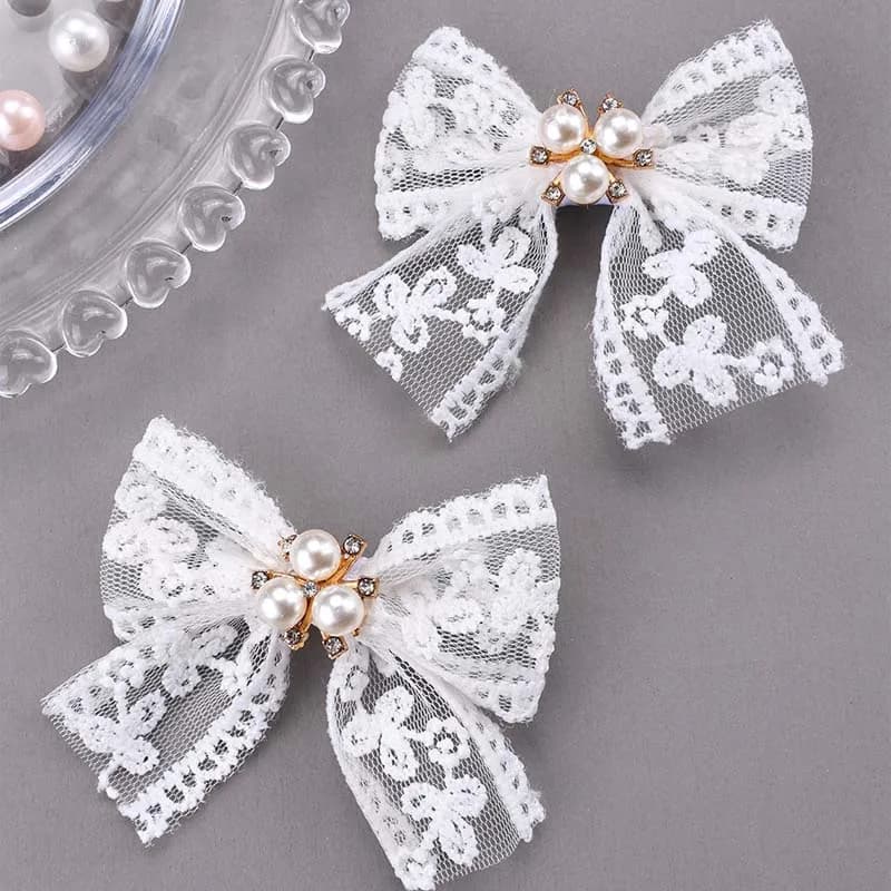 Oaoleer 2Pcs Lace Pearl Bow Hairpins For Kids Girls Cute Embroidery Flower Rhinestone Hairpin Baby Headdress Hair Accessories