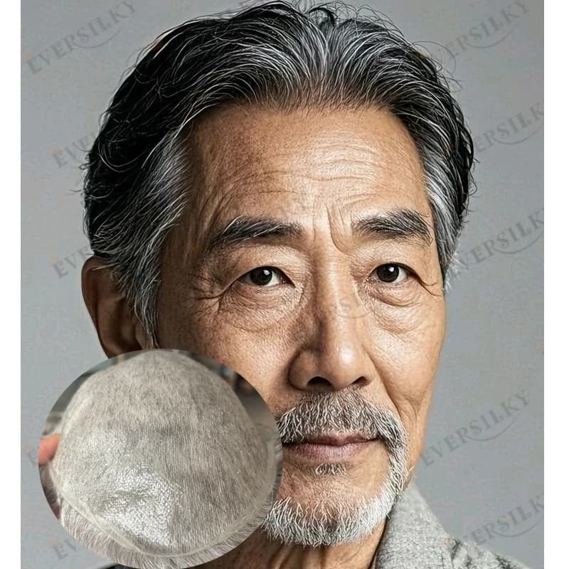 Microskin Men's Wig Natural Hairline #1B80 Gray Wave Human Hair Men Toupee Full Skin 0.02mm Super Invisible Ultra Thin Male Hair