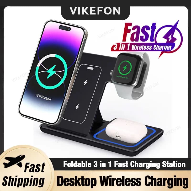 Desktop 3 in 1 Wireless Charger Foldable Fast Phone Charge Station For iPhone 16 15 14 13 12 Apple Watch 10/9/8/7/6 AirPods 3/2