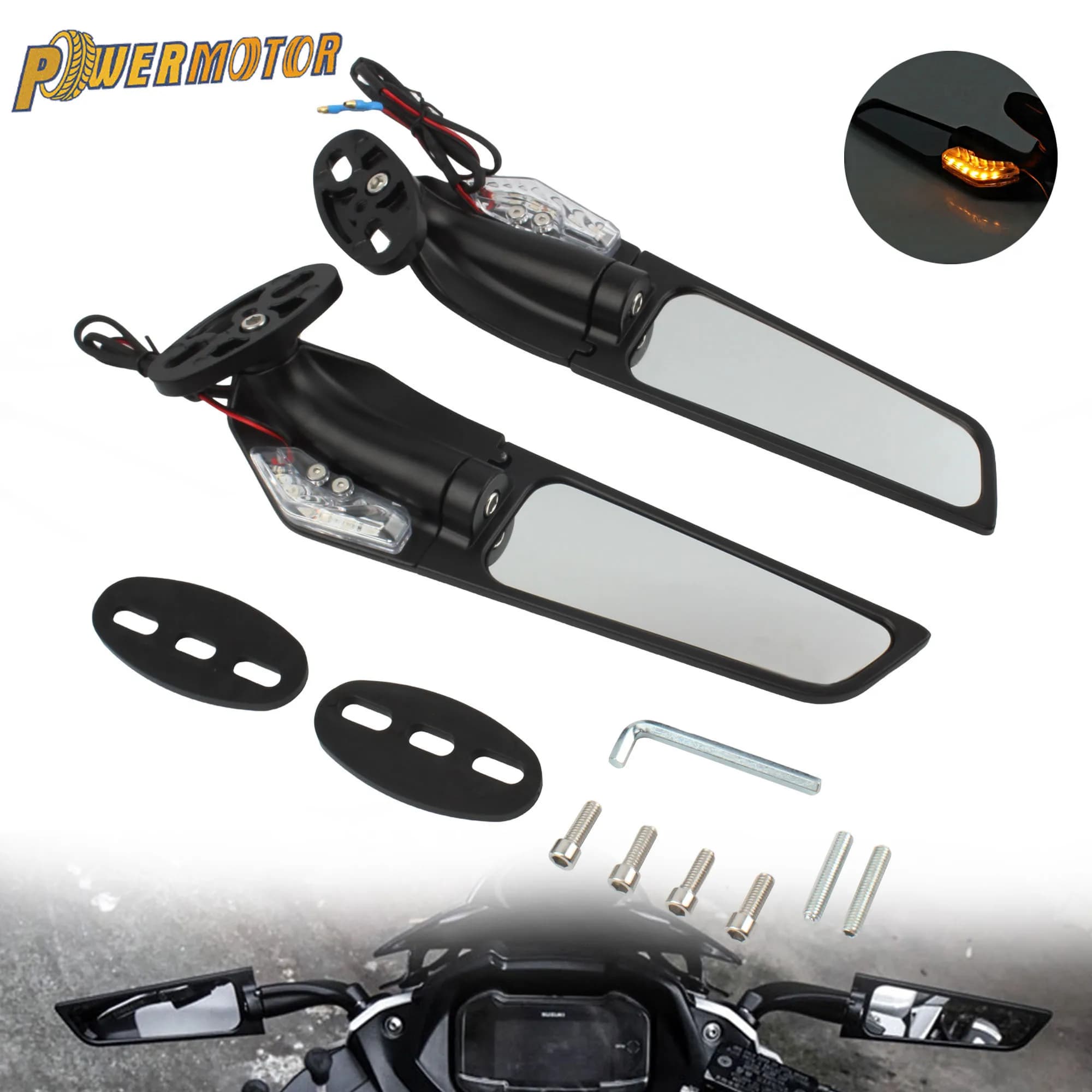 PowermotorAdjustable Rotating Motorcycle Motocross Rearview Side Mirrors Wing With Light For Yamaha YZF R1 R6 R25 R3 Suzuki GSXR