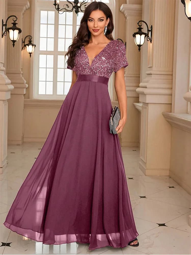 Short sleeve V-neck luxury chiffon floor-length sparkling evening dress sparkling bridesmaid floor-length evening dress
