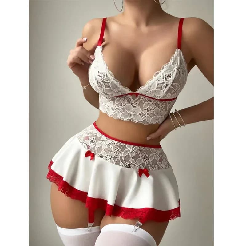 Hot Cosplay Uniform Open Bra Fantasy Miniskirt Nightwear Garter Bra Sets Sexy Costumes Women's Outfit Lingеrie Set Exotic