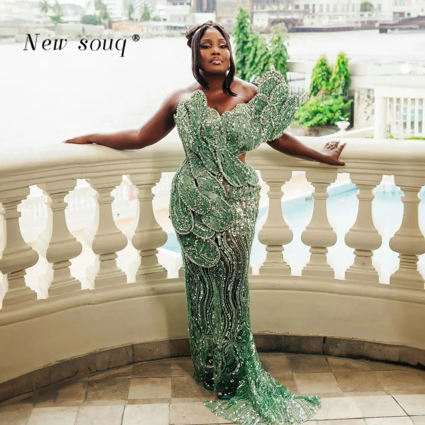 Customized Nigeria Fashion 2025 Glitter Sequin Green Prom Dresses Crystals 3D Leaf Black Women Wedding Evening Party Gowns