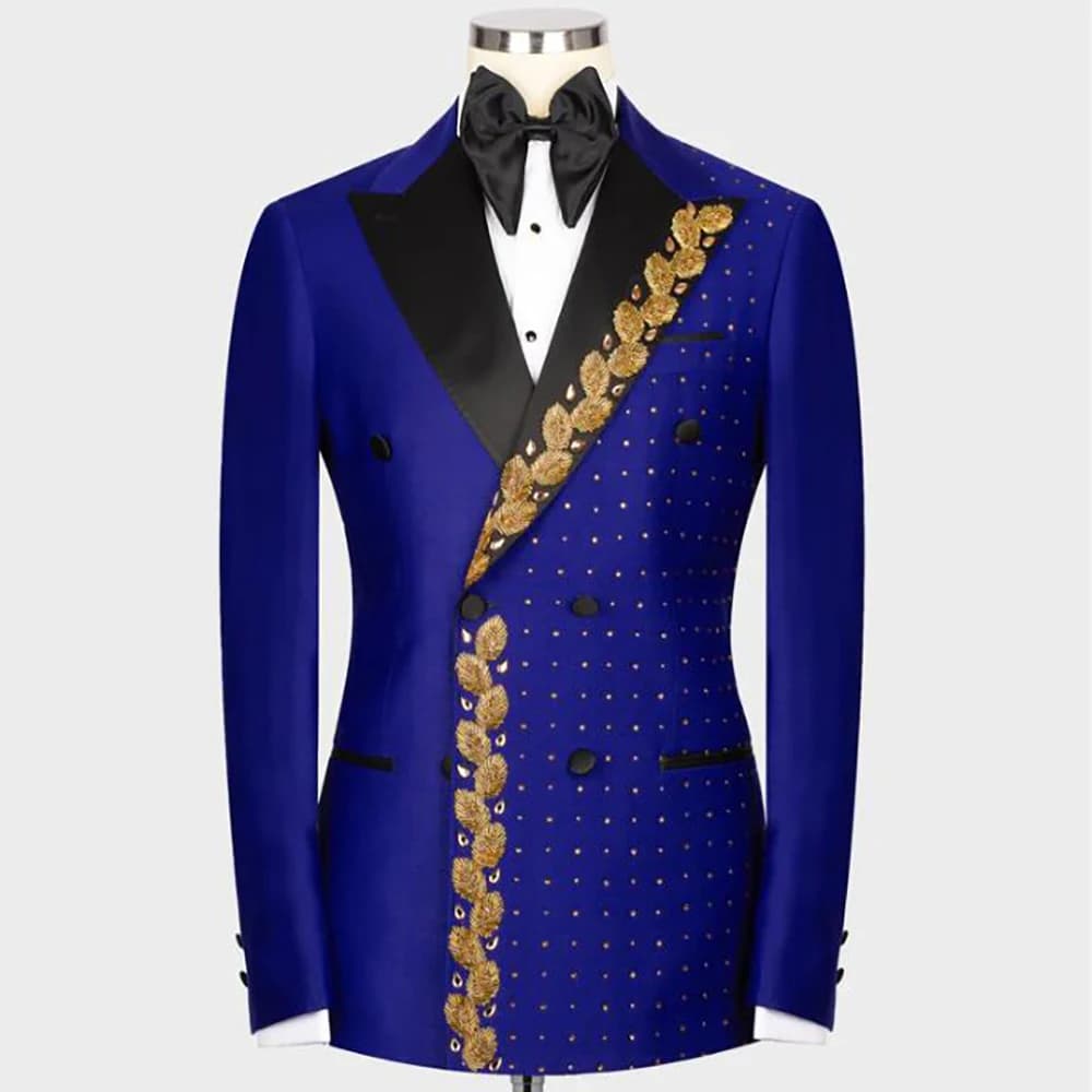 Blue Groom Wedding Tuxedo Golden Beading Lapel Custom Design Men's Suits Slim Fit Double Breasted Jacket Pants 2 Pcs Man Clothes