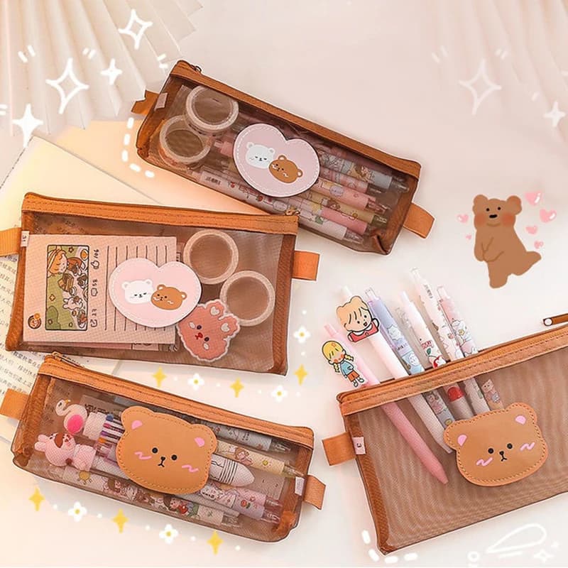 Cute Cartoon Bear Pencil Case Transparent Mesh Pen Bag High-capacity Stationery Storage Pouch Office School Supplies Gifts