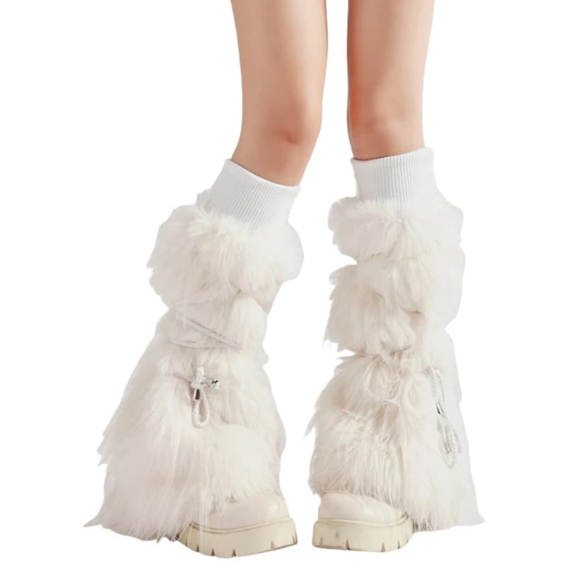 Women Harajuku Winter Warm Tie Badnage Ribbed Cuffs Furry Leg Warmers Fuzzy Plush Boot Covers Leg Sleeve Footless Socks