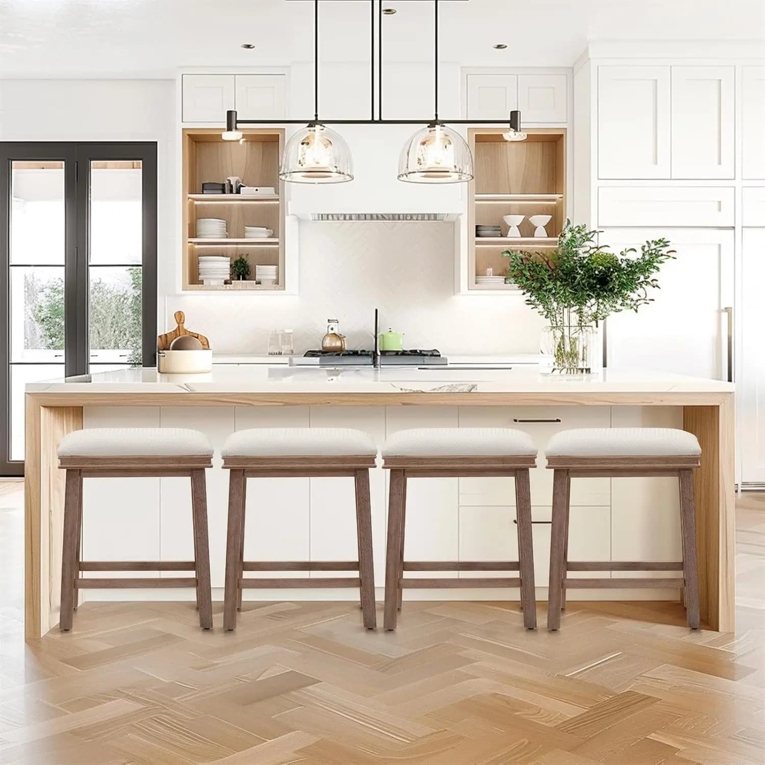 Bar Stools Set of 4, Modern PU Leather Counter Height Bar Stools, 24" Bar Stools with Solid Wood Legs, Creamy White