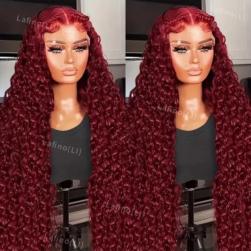 200 Density 30 Inch 99J Burgundy Deep Wave 13x4 Lace Front Human Hair Wig 13x6 Lace Frontal Red Curly Wigs Remy For Women