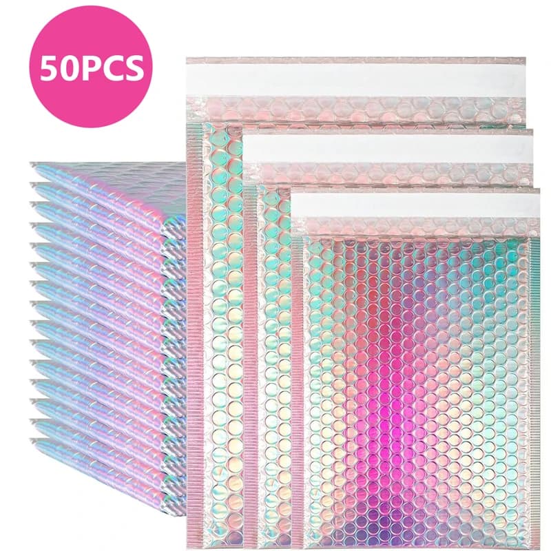 50pcs Envelopes Bubbles Shipping Bags Packages Holographic Mailer Laser Bubble Mailers Small Business Supplies Self Seal Mailing