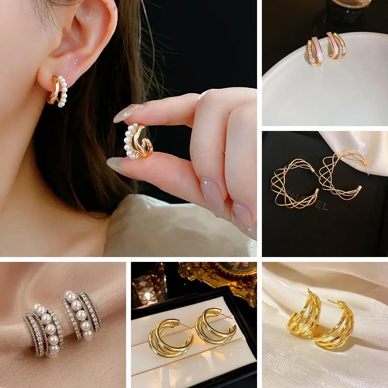 Multi-layer C-shaped Arc Imitation Pearl Dripping Zircon Twisted Hollow Stud Earrings for Women Versatile Hoop Fashion Jewelry