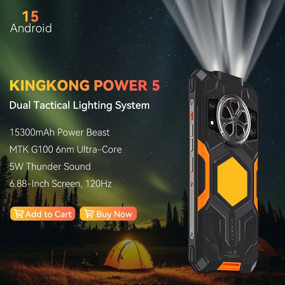 Android 15 Смартфон Cubot King Kong Power 5, 6.88" 120Hz Screen, 15300mAh Battery, 16GB RAM (6+10) 128GB ROM,MTK G100 5W Speaker