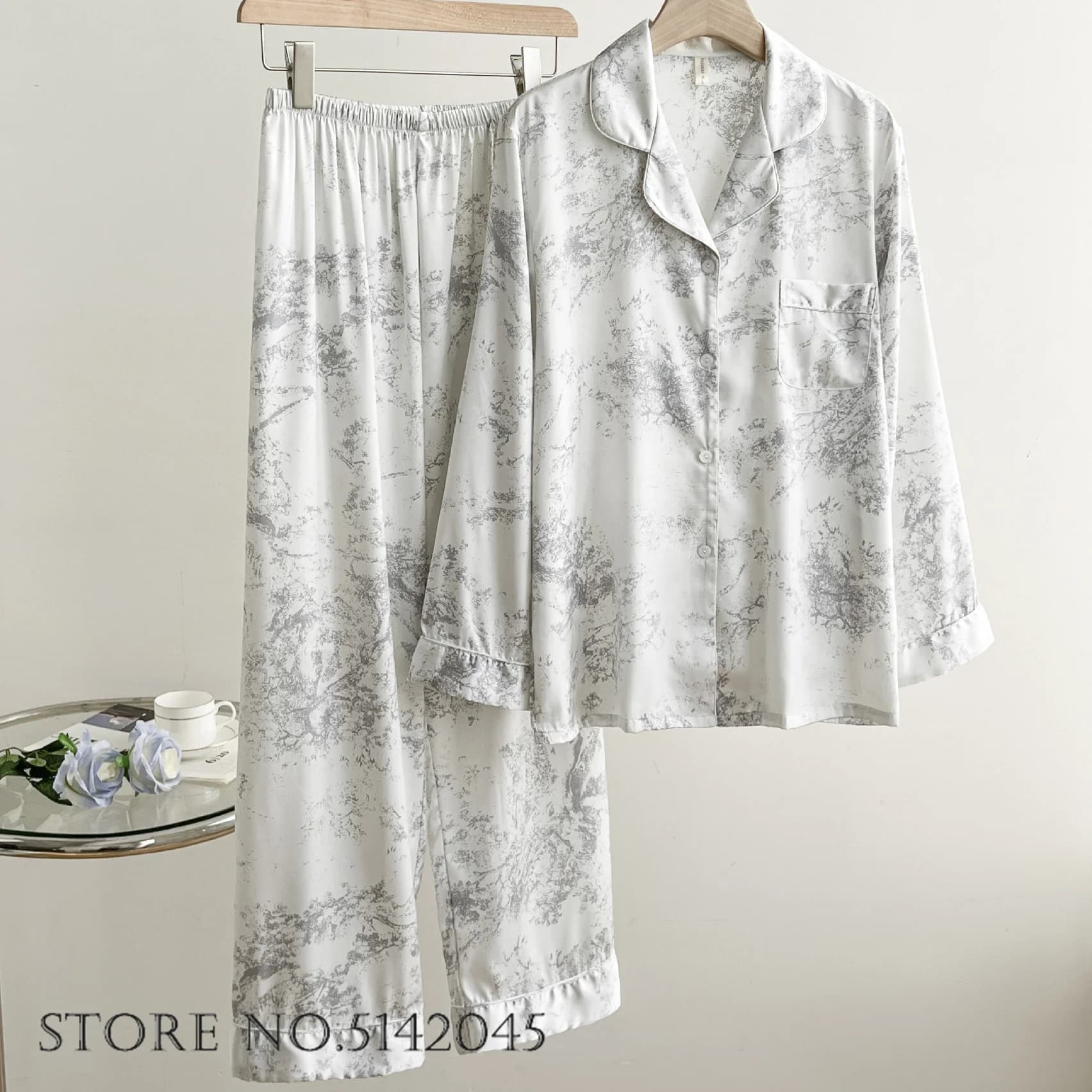 Loose Casual Pajamas Set Female Sleepwear Gray Print Long Sleeve Trouser Suits Pyjama Pour Femme Spring Summer Satin Lounge Wear