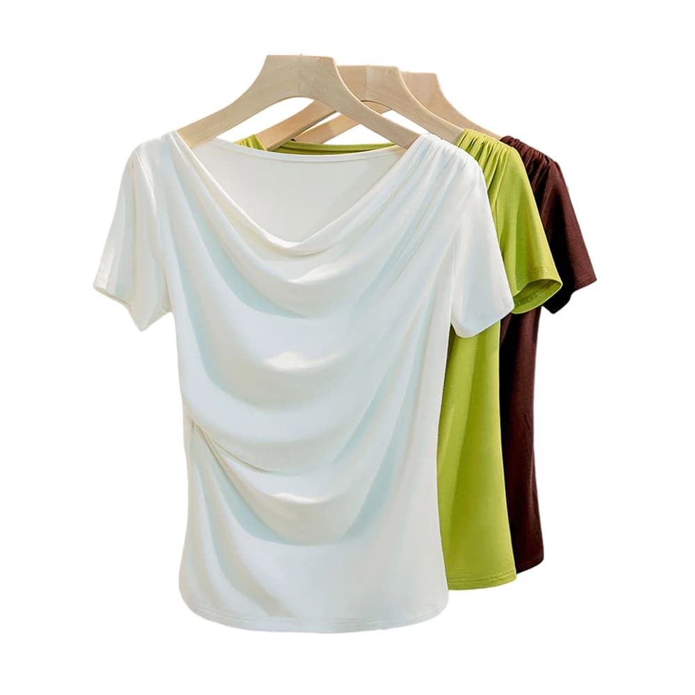 Women Clothing Short Sleeve Women's T-shirt Solid Color Slash Collar Woman Tops Summer Cotton Tshirt For Gilrs Women Blause