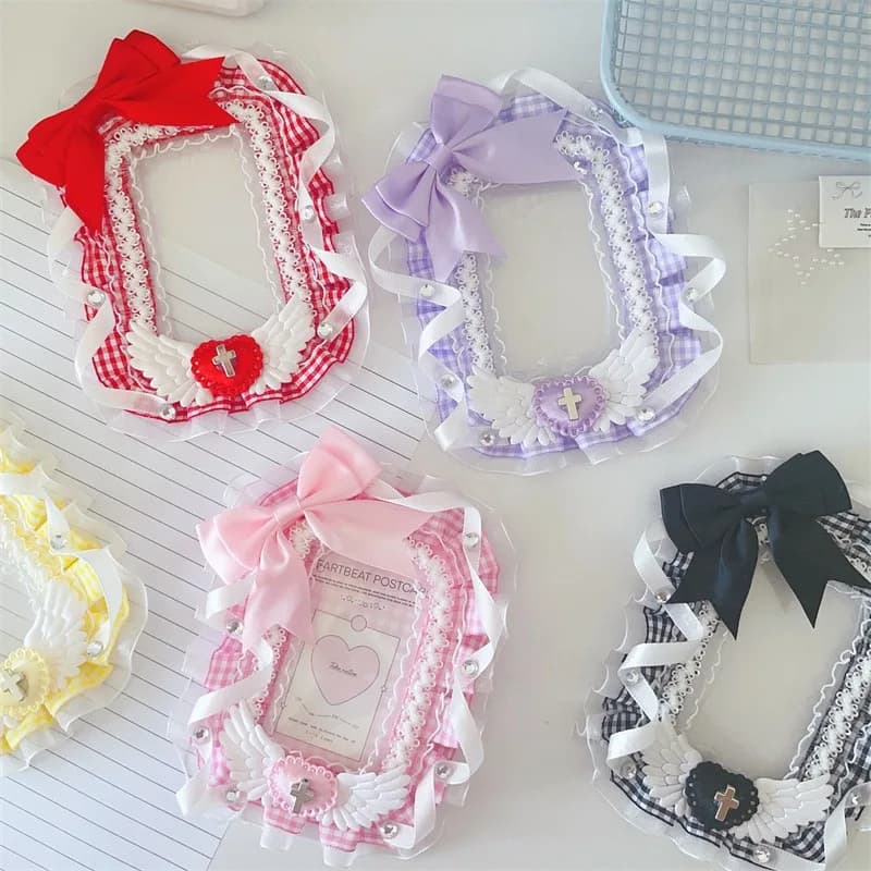 Lace Sleeve bow Acrylic 3 inch Kpop Photocard Holder DIY fabric pendant Angel wing sheath Photo Card Holder Bag School Pendant