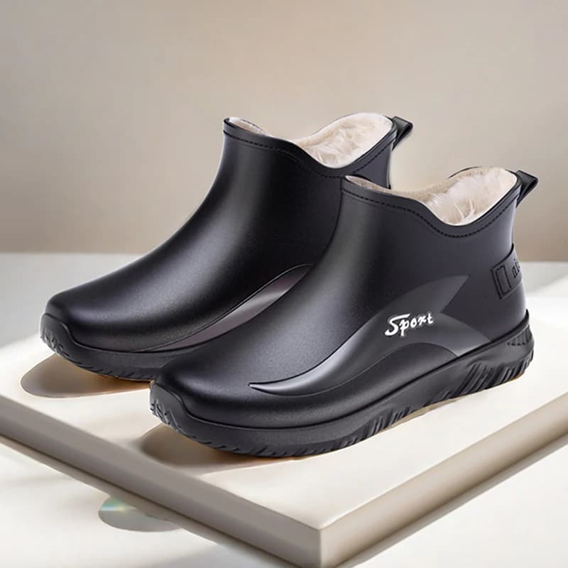 Trendy Men's Short Rain Boots Black Urban Men's Comfortable Water Boots Non-slip Hiking Boots Rainy Season Commuting Rubber Shoe