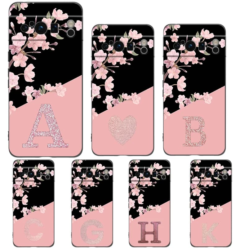 Phone Case For Google Pixel 8 A 7 6 Pro 6A 5G Black Soft Shockproof Back Cover Silicone TPU Shell Coque Pink Letter Flower