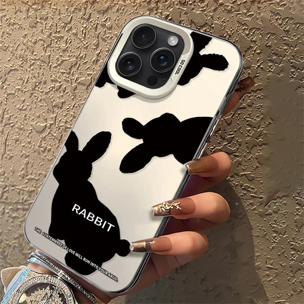 Cute Black Rabbit Phone Case for iPhone 15 16 Plus 11 12 13 14 Pro Max XR Anti-Fingerprints Hard IMD Plastic Laser Matte Cover