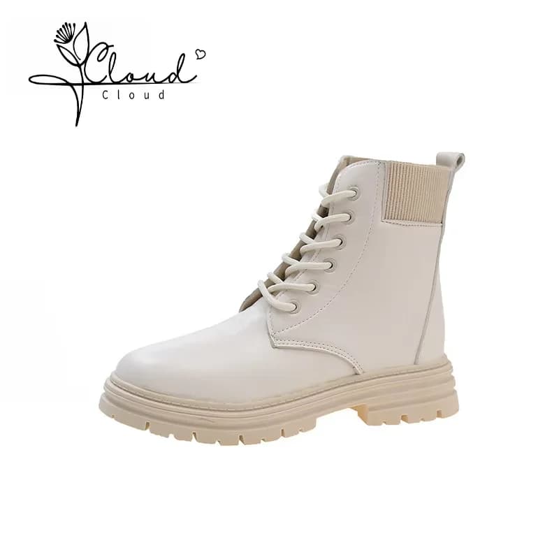 2024 Ankle Snow Boots Women Genuine Cow Leather Lace-up Round Toe Lady Booties Autumn Winter Platform Sole Shoes Handmade
