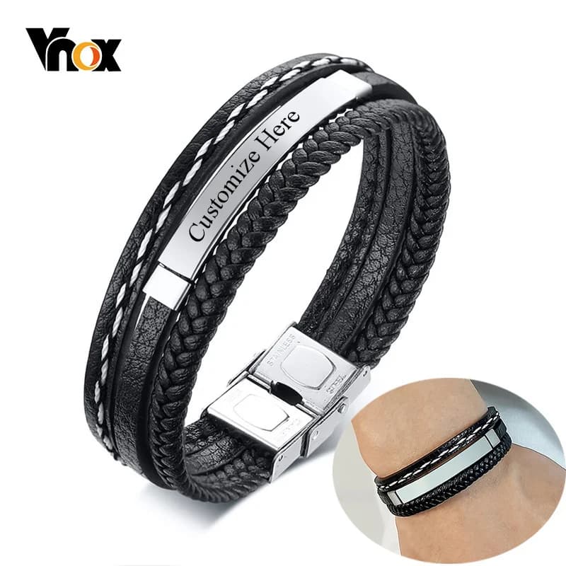 Vnox Custom Logo Name Quote Engrave Multi-layer Leather Bracelets for Men Stainless Steel ID Bangle Personalize Dad Father Gift