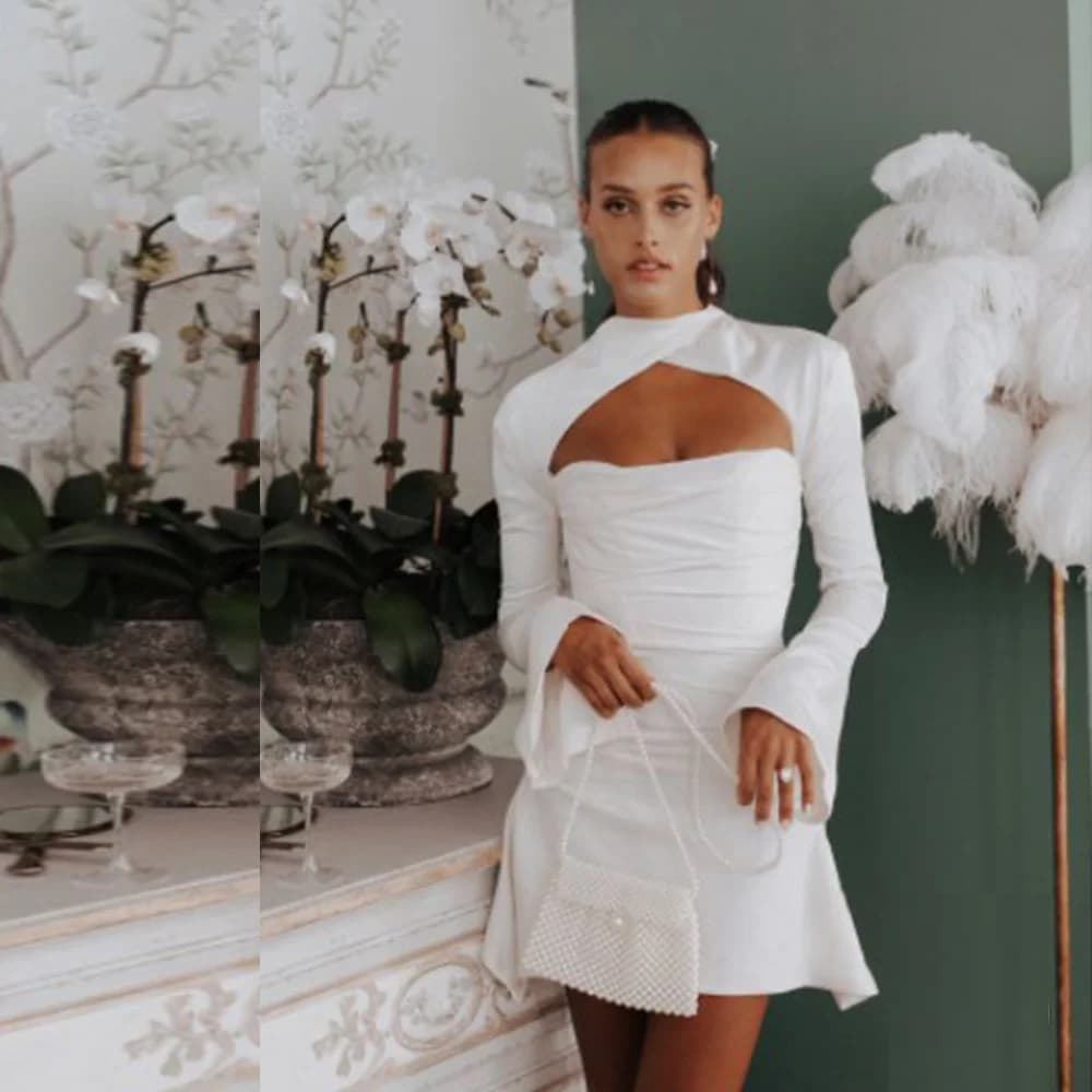 Customized Strapless Collar Short Wedding Dress For Bride 2025 Long Flare Sleeves Bridal Gown Simple Satin Vestido De Novia