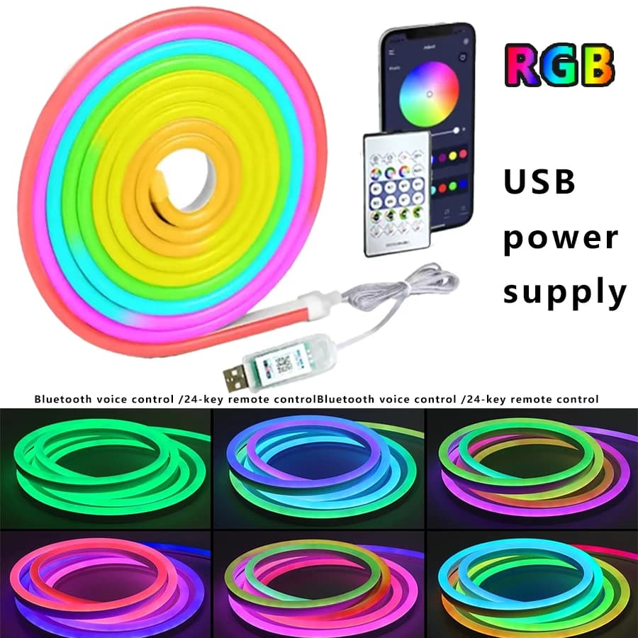 5V neon strip lamp, RGBIC Bluetooth neon Led strip lamp, 2M, 2M 3M 5M LED flexible strip lamp are used for room wall decoration.