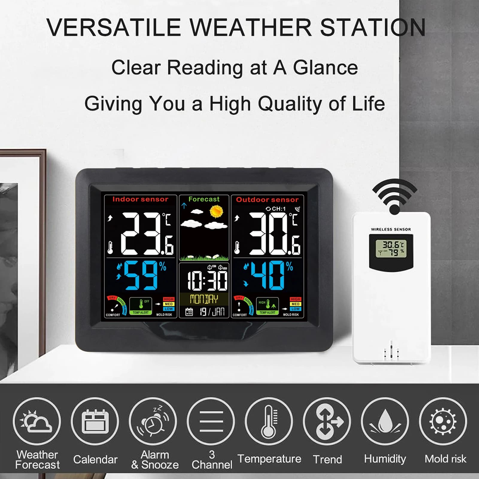 Digital Weather Station Clock Indoor Outdoor Temperature and Humidity Meter Weather Forecast Wireless Electronic Table Clock