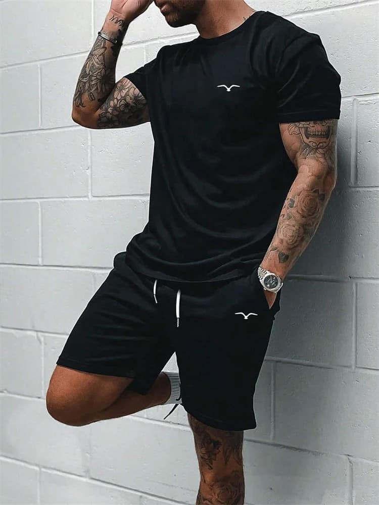 2024 New Men's Casual Short-Sleeved Shorts 2-Piece Urban Street Fashion T-Shirt Shorts Suit Men's Seagull Logo Printed Tracksuit