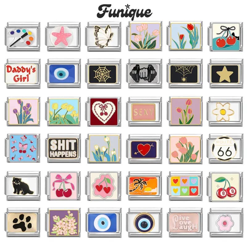 FUNIQUE Women'S Charm Bracelet Star Butterfly Lipstick Italian Charm Links Fit 9mm Stainless Steel Bracelet Jewelry DIY Making