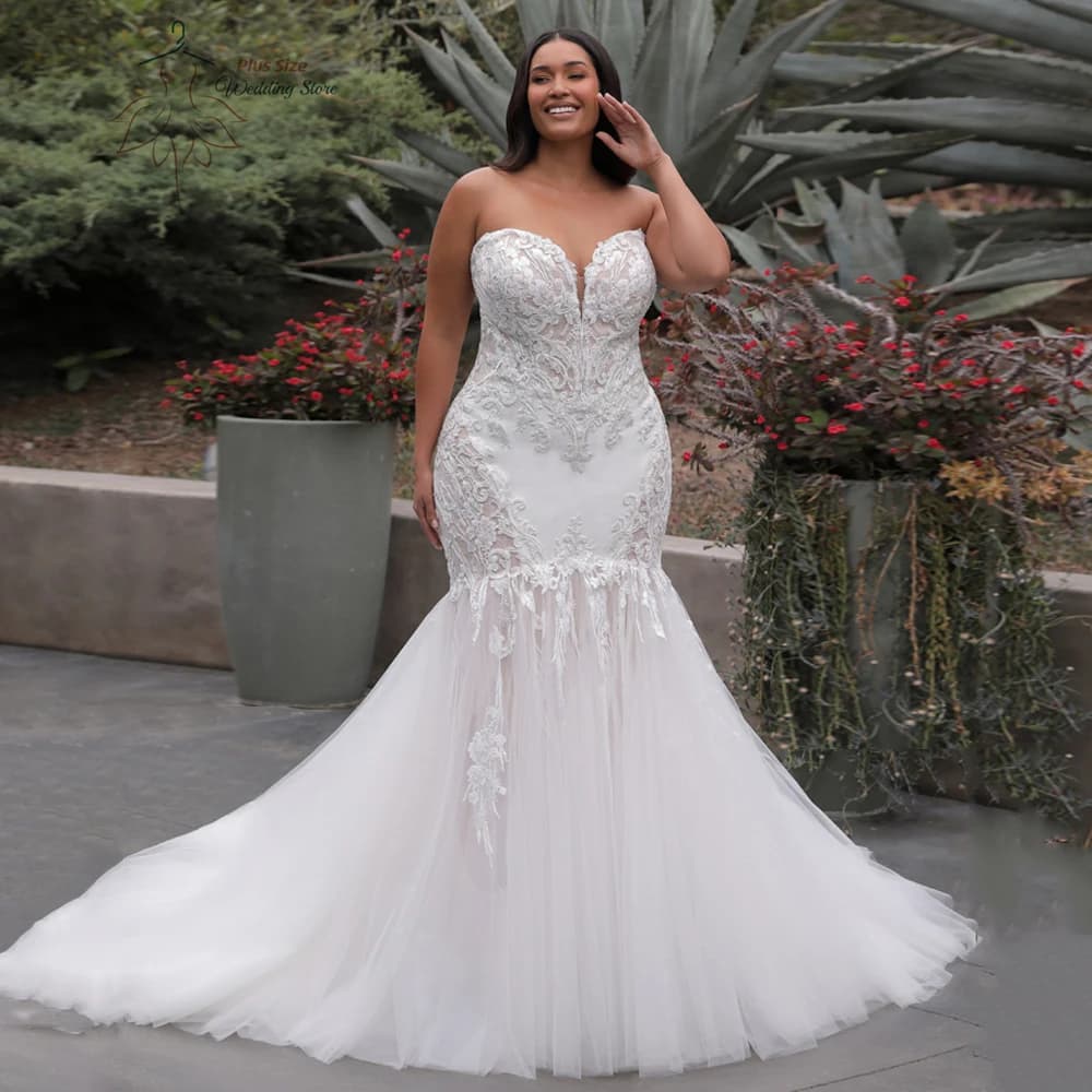 Mermaid Wedding Dresses Plus Size Sweetheart Neck Sleeveless Bride Gowns Lace Appliques Sweep Train Vestido De Novia PSL980023